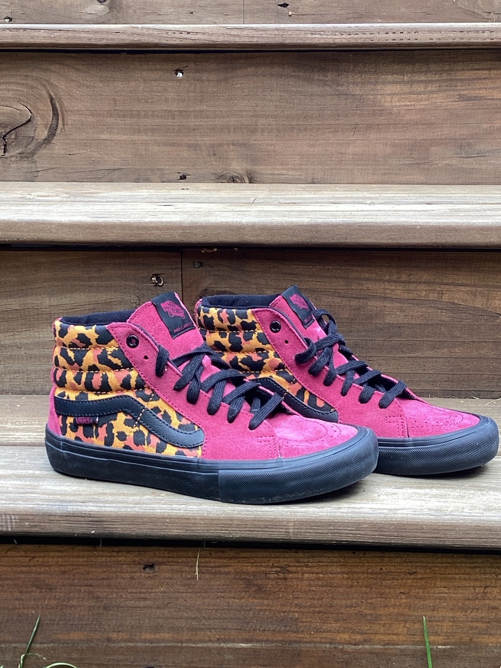 Vans Women's Pink Suede High Top Sneakers with Leopard Panels